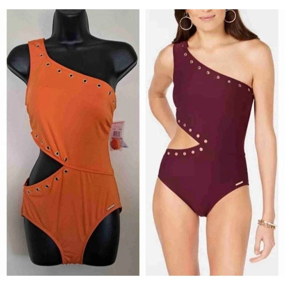 NEW Michael Kors Swimsuit Women Sz 8 Monokini grommet One Shoulder Orange $118